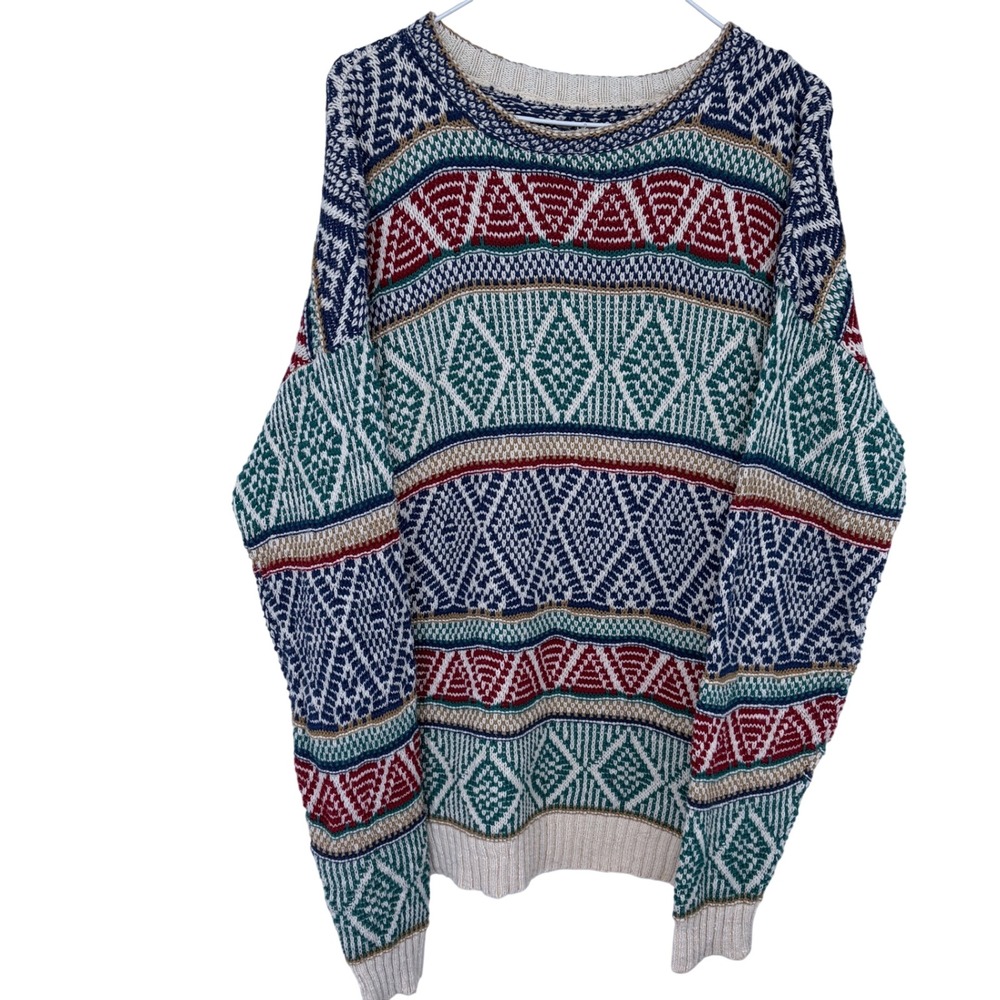 Vintage Colorblock Geometric Multicolor Knit‎ Crewneck Sweater Womens XL